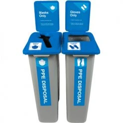 Busch Systems Waste Watcher Double PPE Disposal Bin For Mask & Gloves, 46 Gallon, Gray/Blue