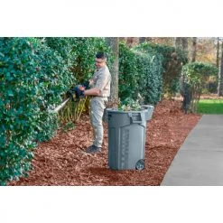 Rubbermaid® Vented Wheeled Brute Container, 44 Gallon, Gray - Pkg Qty 4 -Cheap Trash & Recycling Store 2131929 2131928 RCP UR WheeledBrute 44G HedgeTrimmer Landscaping Lifestyle