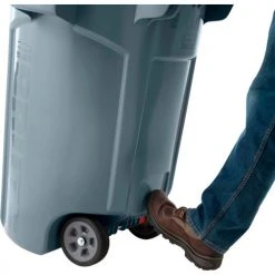Rubbermaid® Vented Wheeled Brute Container, 44 Gallon, Gray - Pkg Qty 4 -Cheap Trash & Recycling Store 2131929 RCP Brute UR WheeledBrute 44G TiltPlate Lifestyle Angle
