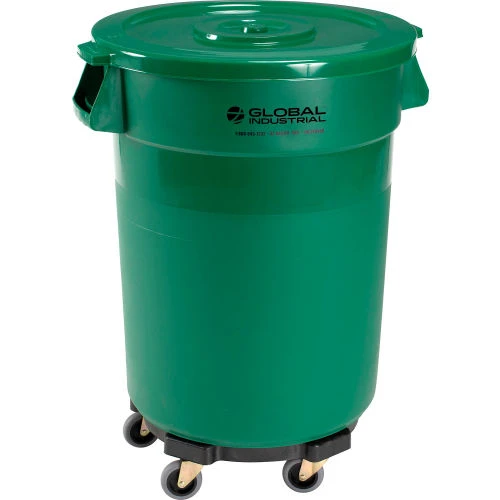 Global Industrial Plastic Trash Can with Lid & Dolly - 32 Gallon Green 1 Global Industrial Plastic Trash Can with Lid & Dolly - 32 Gallon Green