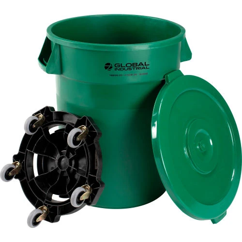 Global Industrial Plastic Trash Can with Lid & Dolly - 32 Gallon Green 2 Global Industrial Plastic Trash Can with Lid & Dolly - 32 Gallon Green - Image 2