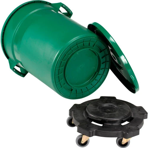 Global Industrial Plastic Trash Can with Lid & Dolly - 32 Gallon Green 3 Global Industrial Plastic Trash Can with Lid & Dolly - 32 Gallon Green - Image 3