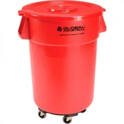 Global Industrial™ Plastic Trash Can with Lid & Dolly - 44 Gallon Red