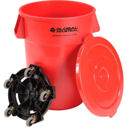 Global Industrial Plastic Trash Can with Lid & Dolly - 44 Gallon Red 2 Global Industrial Plastic Trash Can with Lid & Dolly - 44 Gallon Red - Image 2
