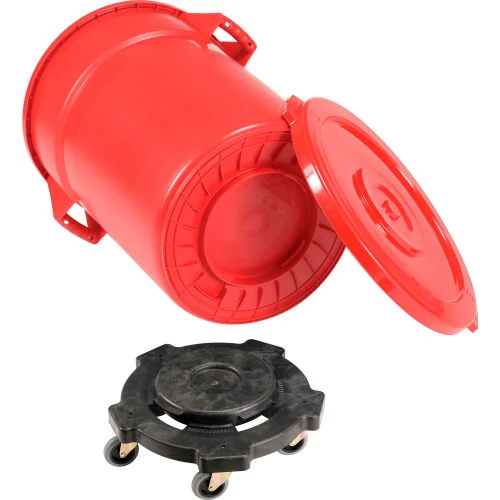 Global Industrial Plastic Trash Can with Lid & Dolly - 44 Gallon Red 3 Global Industrial Plastic Trash Can with Lid & Dolly - 44 Gallon Red - Image 3