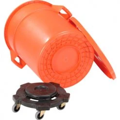 Global Industrial™ Plastic Trash Can with Lid & Dolly - 55 Gallon Bright Orange -Cheap Trash & Recycling Store 240464BORB 02