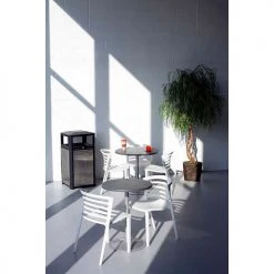 Safco® Outdoor Perforated Steel Trash Can, Side Opening, 38 Gallon, Black -Cheap Trash & Recycling Store 2477GRSL 4359WH 9934BL Lifestyle1 AngleImageFull