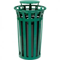 Global Industrial™ Outdoor Slatted Steel Trash Can With Rain Bonnet Lid, 24 Gallon, Green
