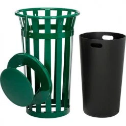 Global Industrial Outdoor Slatted Steel Trash Can With Rain Bonnet Lid, 24 Gallon, Green 20 Global Industrial Outdoor Slatted Steel Trash Can With Rain Bonnet Lid, 24 Gallon, Green -Cheap Trash & Recycling Store 260803GN 02