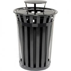 Global Industrial™ Outdoor Slatted Steel Trash Can With Rain Bonnet Lid, 36 Gallon, Black