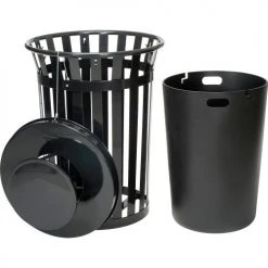 Global Industrial™ Outdoor Slatted Steel Trash Can With Rain Bonnet Lid, 36 Gallon, Black -Cheap Trash & Recycling Store 260804BK 02