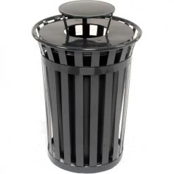 Global Industrial™ Outdoor Slatted Steel Trash Can With Rain Bonnet Lid, 36 Gallon, Black -Cheap Trash & Recycling Store 260804BK 03