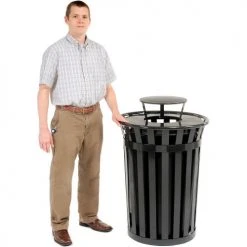 Global Industrial™ Outdoor Slatted Steel Trash Can With Rain Bonnet Lid, 36 Gallon, Black -Cheap Trash & Recycling Store 260804BK 05