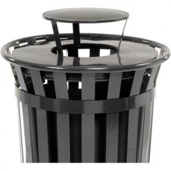Global Industrial™ Outdoor Slatted Steel Trash Can With Rain Bonnet Lid, 36 Gallon, Black -Cheap Trash & Recycling Store 260804BK 06