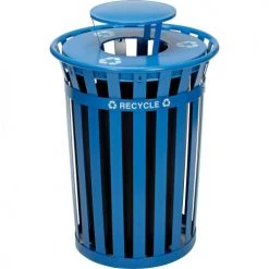 Global Industrial™ Outdoor Slatted Steel Recycling Can w/Rain Bonnet Lid, 36 Gallon, Blue