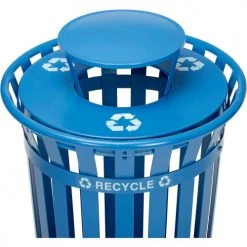 Global Industrial™ Outdoor Slatted Steel Recycling Can w/Rain Bonnet Lid, 36 Gallon, Blue -Cheap Trash & Recycling Store 261850BL 02