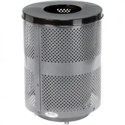 Global Industrial™ Outdoor Perforated Steel Trash Can With Flat Lid & Base, 36 Gallon, Gray