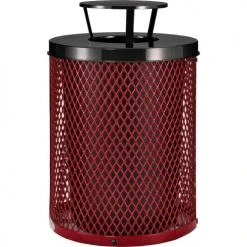 Global Industrial Outdoor Diamond Steel Trash Can With Rain Bonnet Lid, 36 Gallon, Red