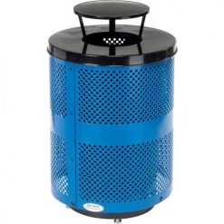 Global Industrial™ Outdoor Perforated Steel Trash Can W/Rain Bonnet Lid & Base, 36 Gallon, Blue