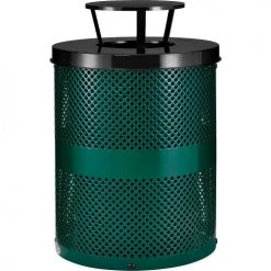 Global Industrial™ Outdoor Perforated Steel Trash Can With Rain Bonnet Lid, 36 Gallon, Green