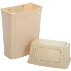 Rubbermaid Wall Mount Trash Can with Swing Lid Beige -Cheap Trash & Recycling Store 498570BG 02