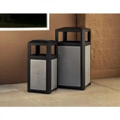 Safco® Outdoor Perforated Steel Trash Can, Side Opening, 38 Gallon, Black -Cheap Trash & Recycling Store 9932BL 9934BL Lifestyle AngleImageFull