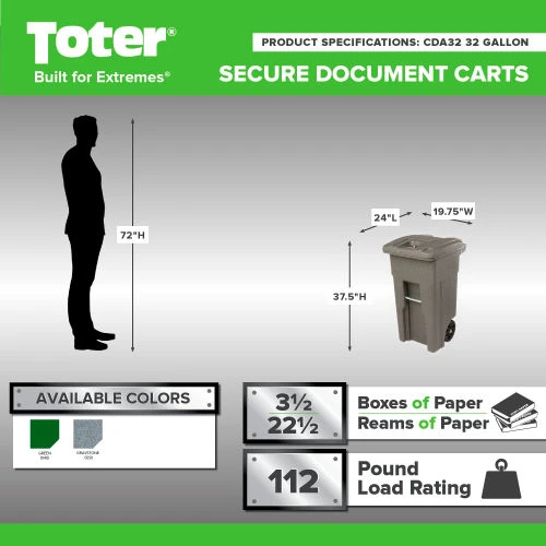 Toter Two Wheel Secure Document Cart With Barrel Lock, 32 Gallon - Graystone 9 Toter Two Wheel Secure Document Cart With Barrel Lock, 32 Gallon - Graystone - Image 9