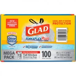 Glad® ForceFlex Tall Kitchen Drawstring Trash Bags - White, 13 Gal, 0.9 Mil, 100/Box - 70427 -Cheap Trash & Recycling Store CLO70427 08