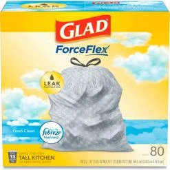 Glad® OdorShield Tall Kitchen Drawstring Bags, 13 Gal, 0.95 mil, Fresh Clean, White, 80/Box