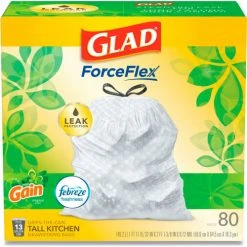 Glad® OdorShield Tall Kitchen Drawstring Bags, 13 Gal, 0.95 mil, Gain Scent, White, 80/Box