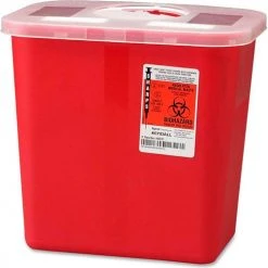 Covidien 2-Gallon Biohazard Sharps Container with Rotor Opening Lid, 10-1/2"W x 7-1/4"D x 10"H, Red