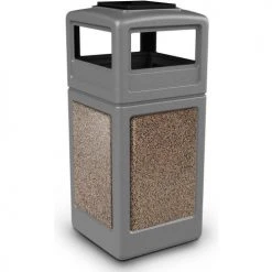 Commercial Zone PolyTec™ Square Waste Container w/Ashtray Lid, Gray w/Riverstone Stone Panels, 42-Gallon
