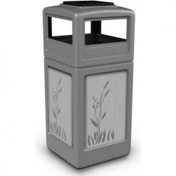 Commercial Zone PolyTec™ Square Waste Container w/Ashtray Lid, Gray w/Cattails SS Panels, 42-Gallon