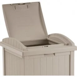 Suncast Plastic Square Trash Can Hideaway, 24 Gallon, Taupe -Cheap Trash & Recycling Store GH1732 WS open