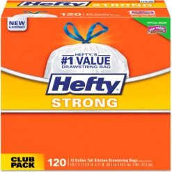 Hefty® Strong Tall Kitchen Drawstring Bags, 13 Gal, 0.9 mil, White, 360/Case