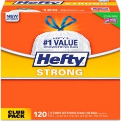 Hefty® Strong Tall Kitchen Drawstring Bags, 13 Gal, 0.9 mil, White, 120/Box