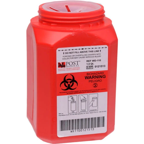 Post Medical 1 Quart Leak-tight Sharps Container with Locking Screw Cap, Red, 24/CS 1 Post Medical 1 Quart Leak-tight Sharps Container with Locking Screw Cap, Red, 24/CS