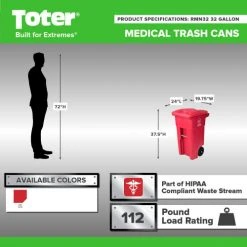 Toter Regulated Medical Waste Cart With Bio Hazard Logo, 32 Gallon - Red -Cheap Trash & Recycling Store RMN32 00RED 06