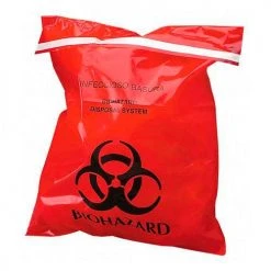 Unimed Red Biohazard Waste Stick-On Bags, 2 mil, 9"W x 10"L, 100/Box
