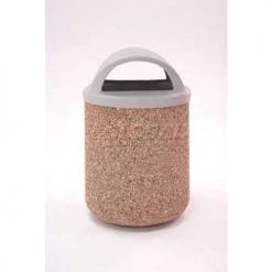 Wausau Tile Concrete Waste Receptacle W/Red Plastic Pitch In Top - 26" Dia x 37" Gray/Tan