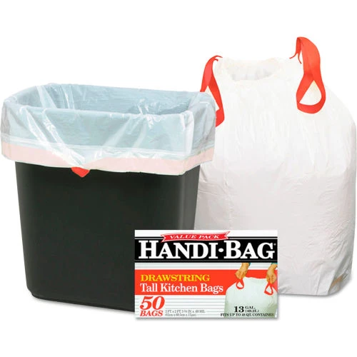 Drawstring Kitchen Bags, 13 Gal, 0.6 mil, 24" x 27.4", White, 50/Box, 6 Boxes/Case 1 Drawstring Kitchen Bags, 13 Gal, 0.6 mil, 24" x 27.4", White, 50/Box, 6 Boxes/Case