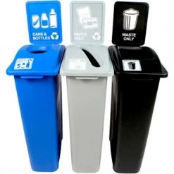 Busch Systems Waste Watcher Triple- Cans & Bottles/Paper/Waste, 69 Gal. Blue/Gray/Black- 101071